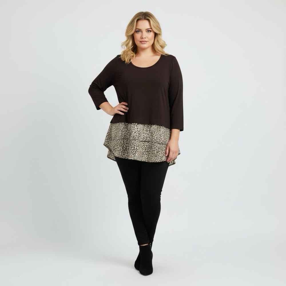 Michael Kors Brown Leopard‎ Print Tunic Peplum Soft Jersey Stretchy Top size XL